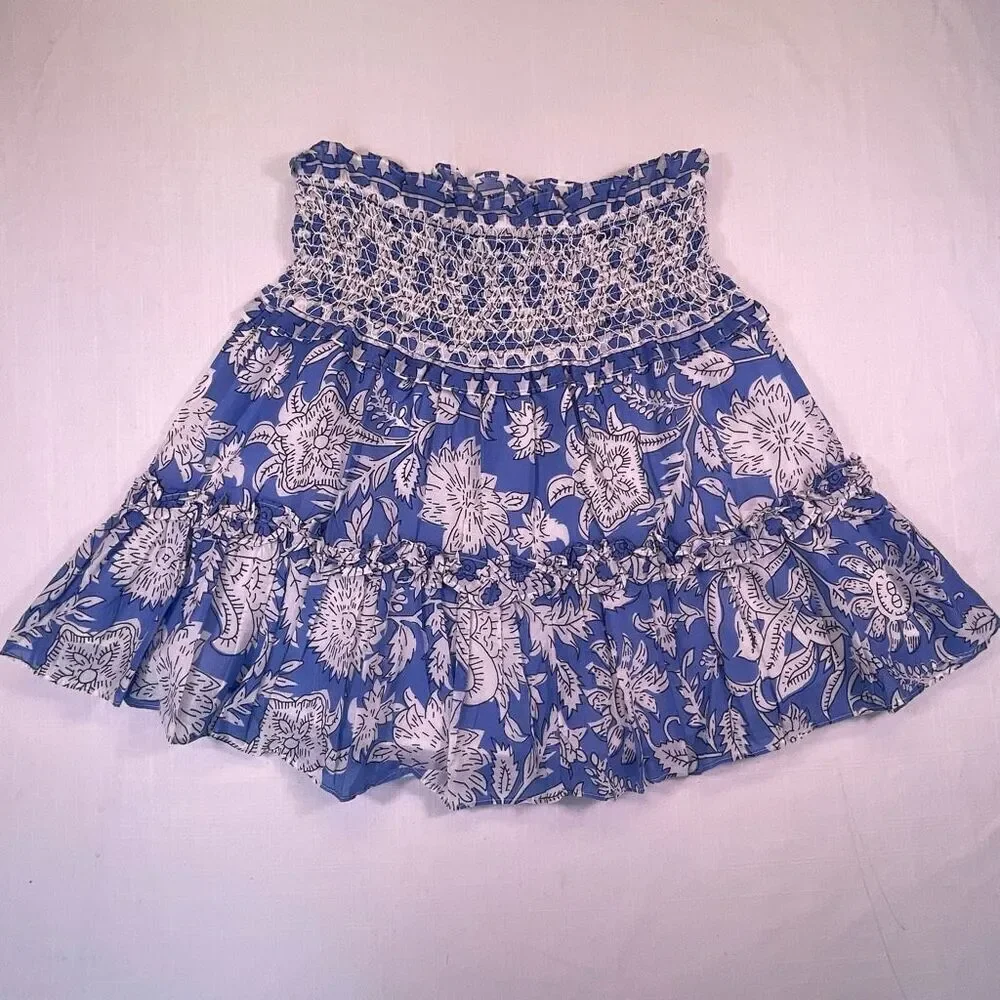 Jennifer & Grace Blue White Floral Print Smocked Tiered Mini Skirt Size XL NWT